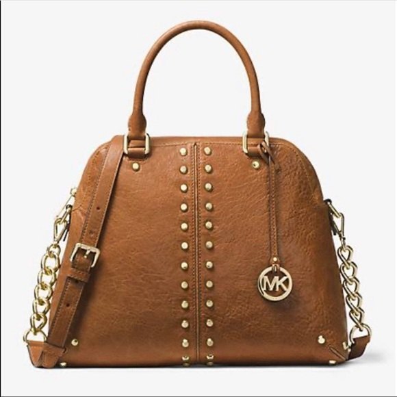 Michael Kors Astor Studded Leather Large Satchel Bag Brown - Picture 1 of 9